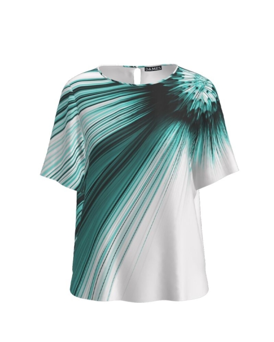 Bluza alba cu maneca scurta imprimata cu model abstract turcoaz CMD2581
