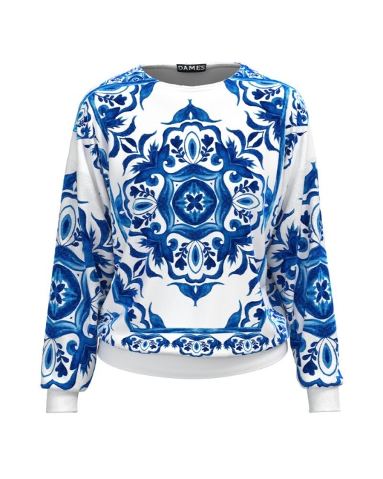 Bluza alba tip hanorac din catifea cu imprimeu albastru CMD4740