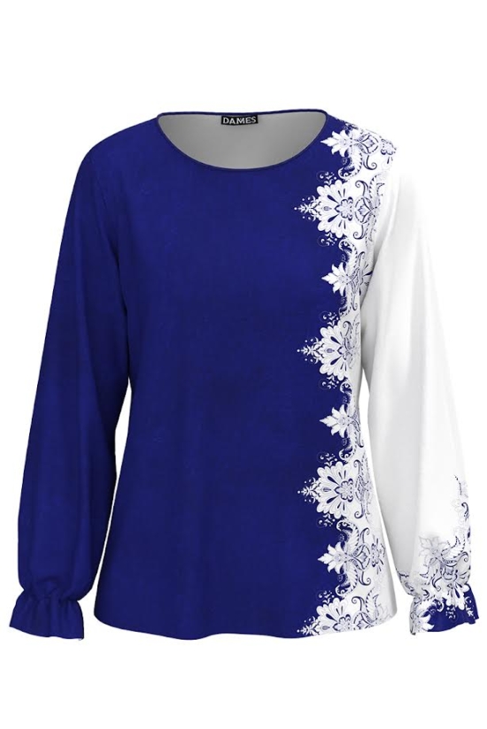 Bluza albastra cu maneca lunga imprimata in contrast SS25