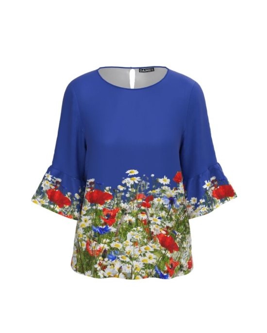 Bluza albastra imprimata digital Flori de camp CMD598