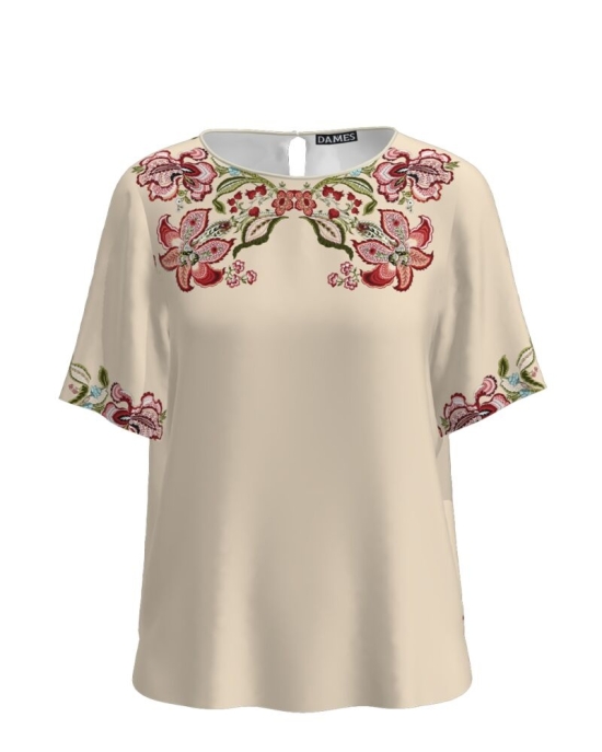 Bluza bej cu maneca scurta imprimata cu model floral CMD4089