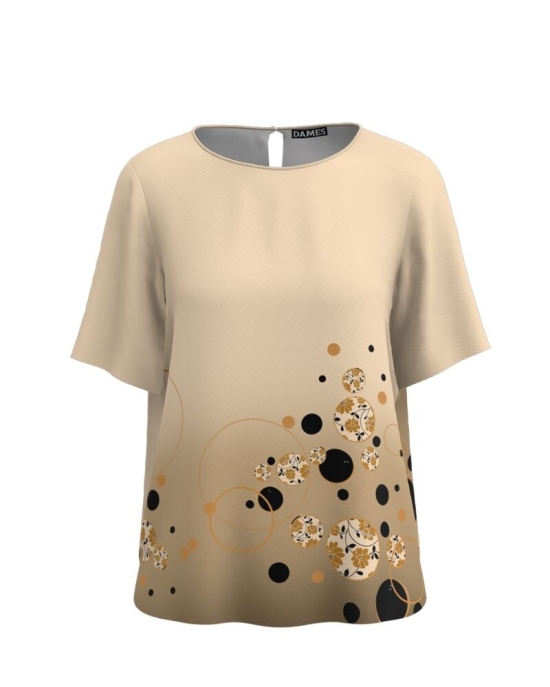 Bluza bej cu maneca scurta imprimata cu model geometric CMD3431
