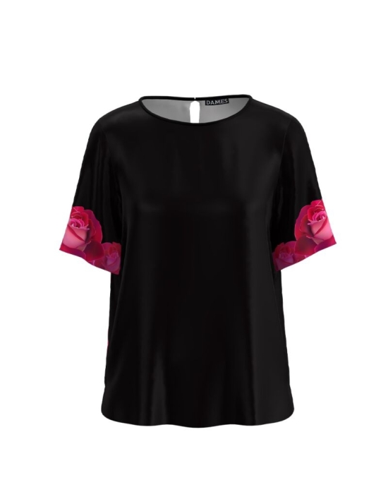 Bluza neagra cu maneca scurta si imprimeu trandafiri CMD1176