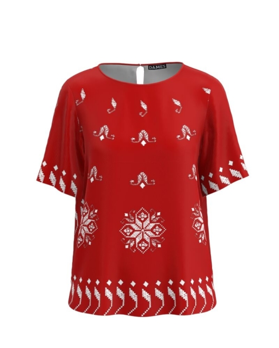 Bluza rosie cu maneca scurta imprimata cu model Traditional CMD3441