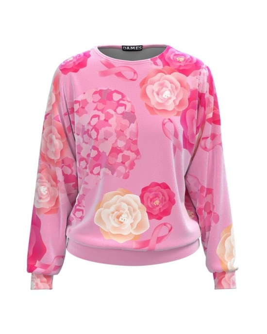 Bluza roz tip hanorac din catifea cu imprimeu Trandafiri CMD1808