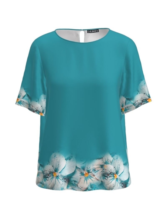 Bluza turcoaz cu maneca scurta imprimata cu model floral CMD2804