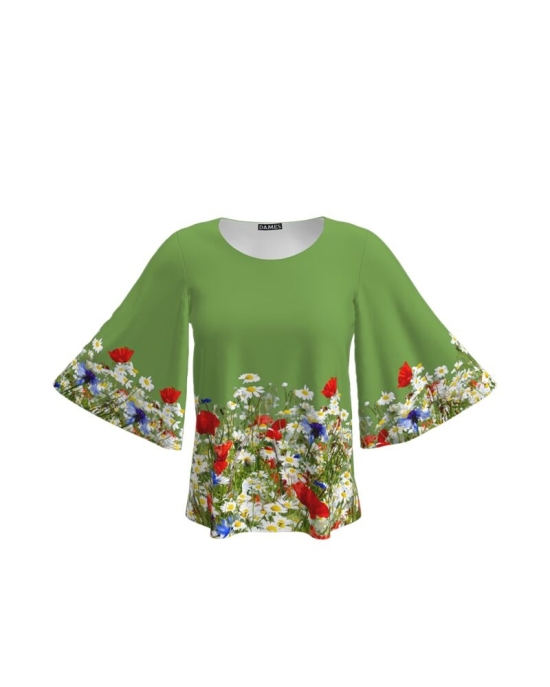 Bluza verde cu maneci tip fluture imprimata flori de camp CMD1510