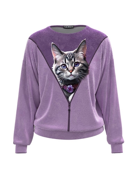 Bluza violet tip hanorac din catifea cu imprimeu Pisica CMD4029