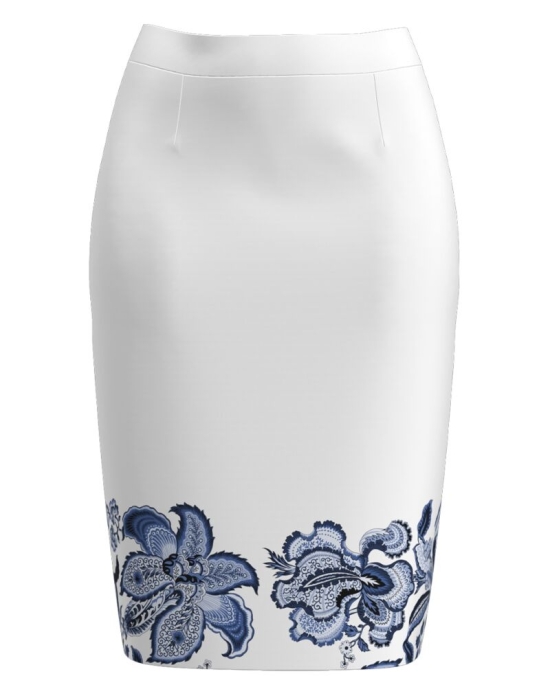 Fusta conica alba imprimata cu model floral albastru CMD3158