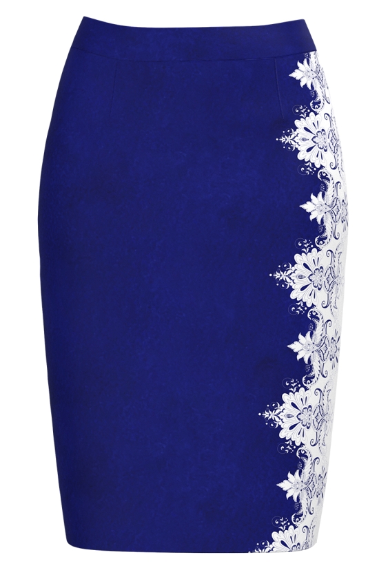 Fusta conica albastra imprimata cu model traditional SS25