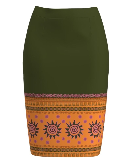Fusta conica kaki imprimata cu model aztec CMD2664