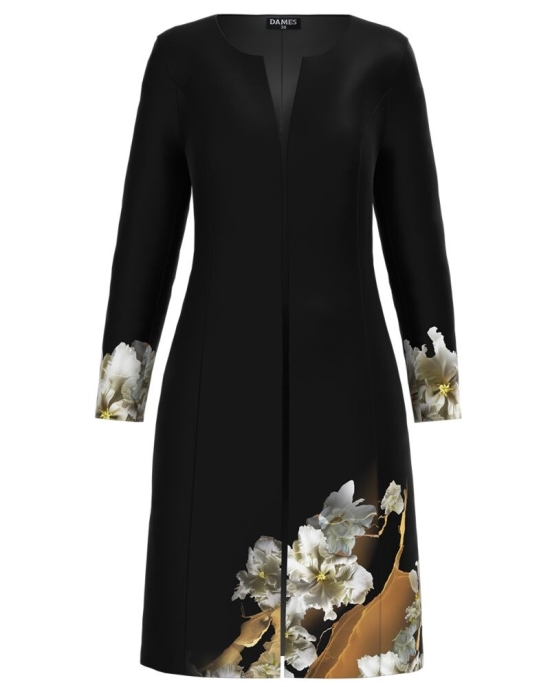 Jacheta de dama lunga, neagra imprimata cu model floral CMD1166