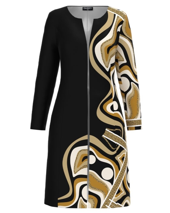 Jacheta de dama neagra lunga imprimata cu model abstract CMD3071