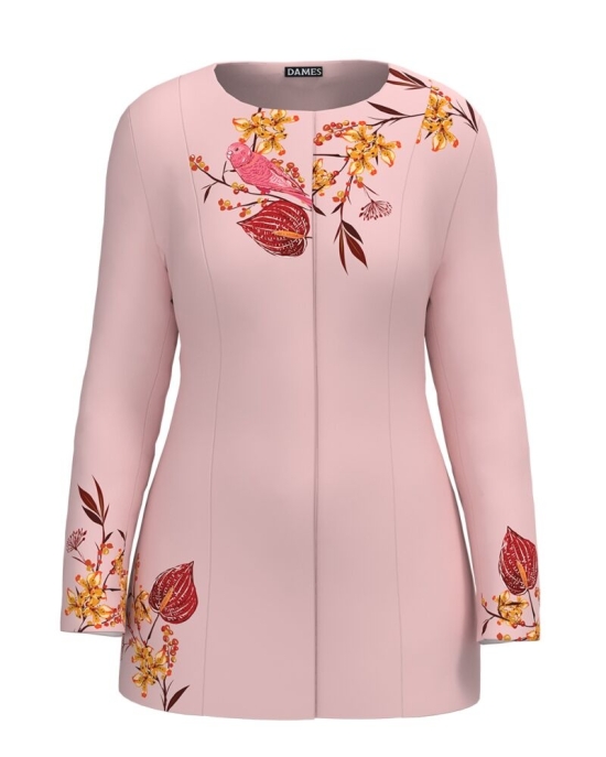 Jacheta de dama roz de lungime medie imprimata cu model floral CMD2305