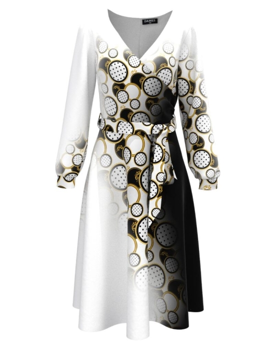 Rochie alba eleganta cu maneca lunga imprimata cu model geometric CMD3060