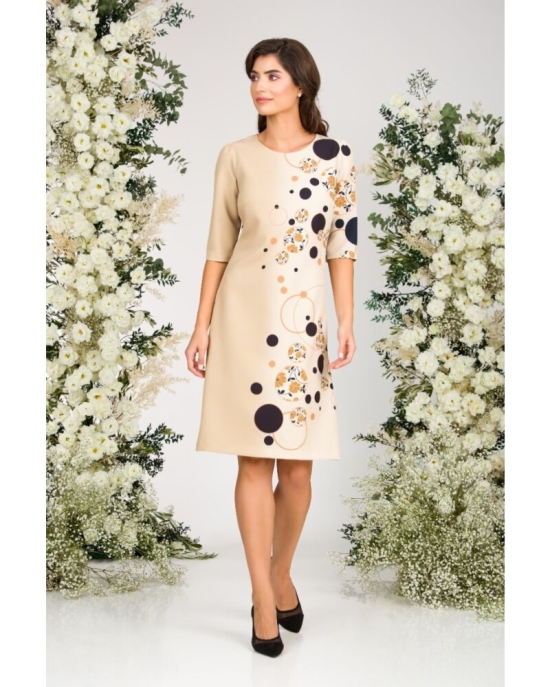 Rochie bej casual imprimata cu model geometic in contrast CMD3183