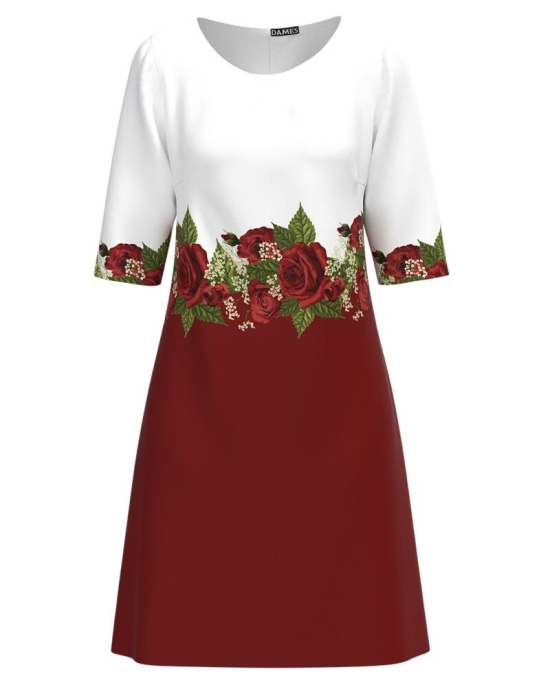 Rochie casual alb rosu grena imprimata cu model trandafiri CMD3135