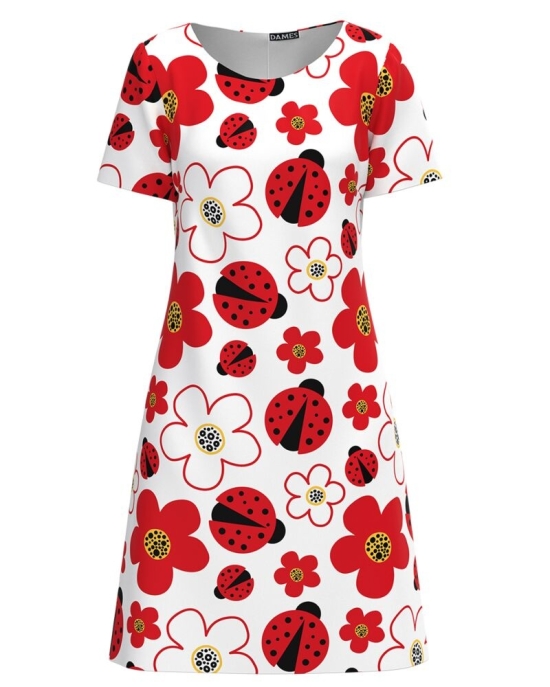Rochie casual alba imprimata cu model flori si buburuze CMD2917