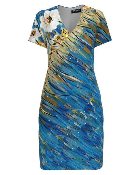 Rochie casual albastra cu decolteu in V imprimata floral