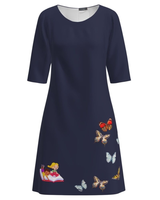 Rochie casual bleumarin imprimata Back to school Fluturi CMD3147