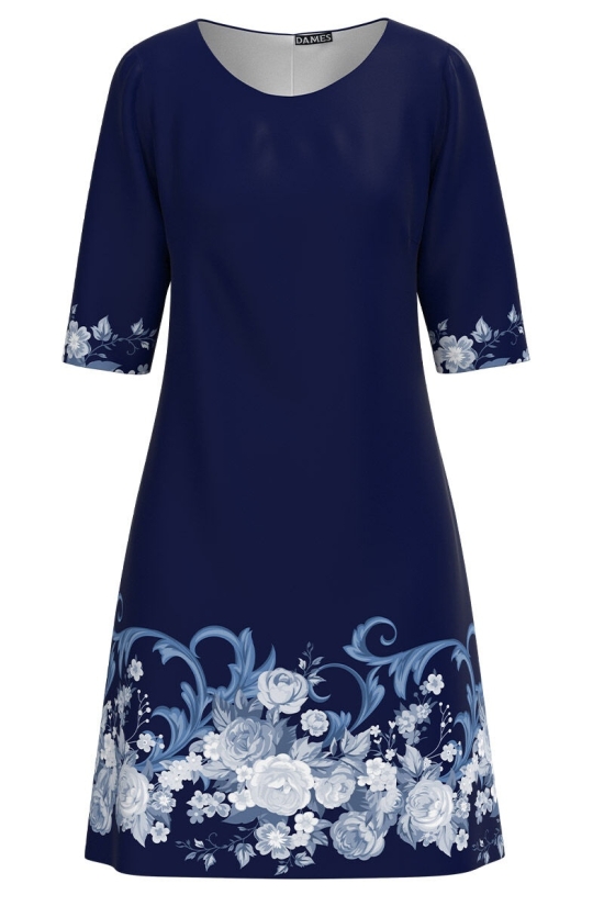 Rochie casual bleumarin imprimata cu model floral CMD3014