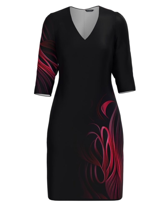 Rochie casual neagra cu decolteu in V imprimata Abstract CMD4832