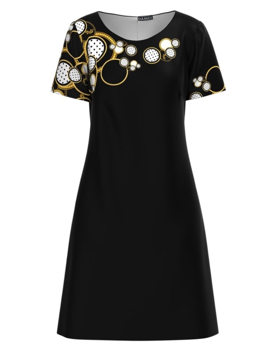 Rochie casual neagra imprimata cu model geometric in contrast CMD2988