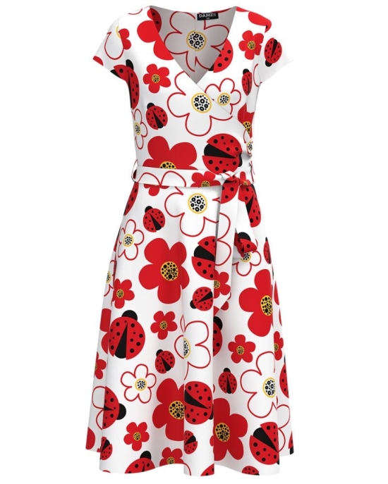 Rochie de vara cu maneca scurta imprimata cu model flori si buburuze CMD2905