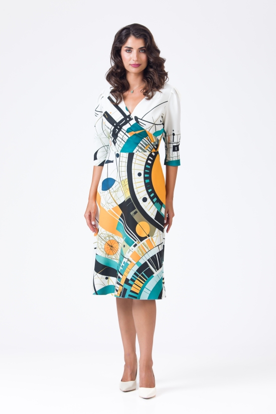 Rochie eleganta cu bust petrecut imprimata multicolor abstract AW24