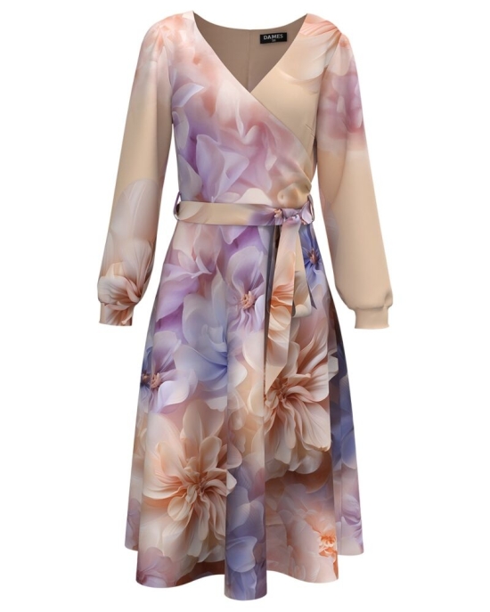 Rochie eleganta cu maneca lunga imprimata cu model floral Peach Fuzz