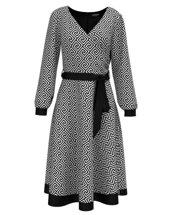Rochie eleganta imprimata cu model grafic alb negru