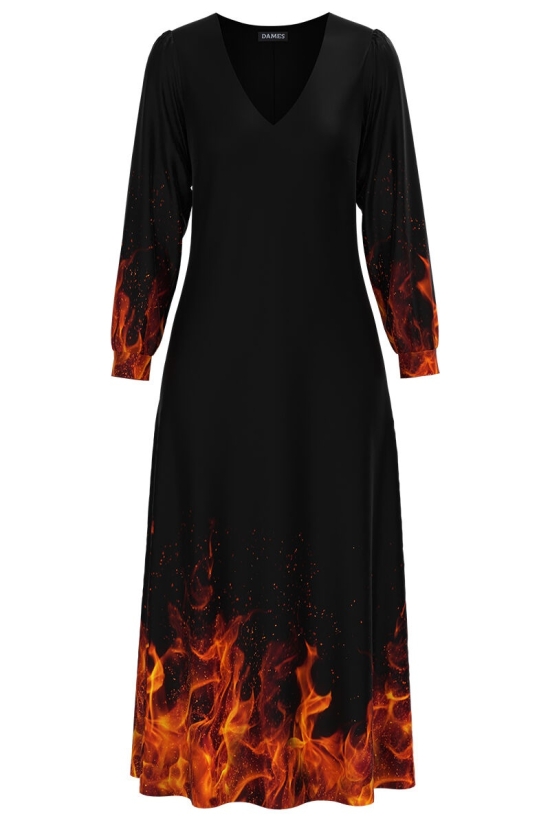 Rochie eleganta neagra cu maneca lunga si imprimeu Flacari CMD1335