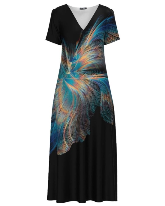 Rochie neagra de vara lunga cu buzunare imprimata Abstract