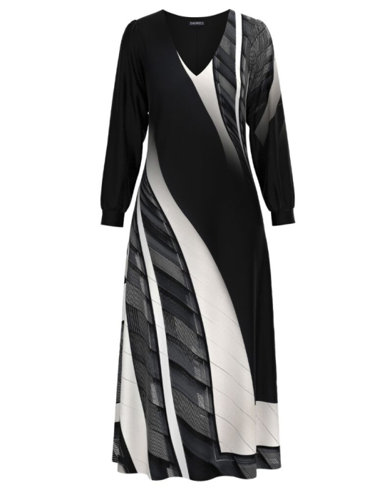 Rochie neagra eleganta cu maneca lunga imprimata cu model grafic in contrast CMD3008