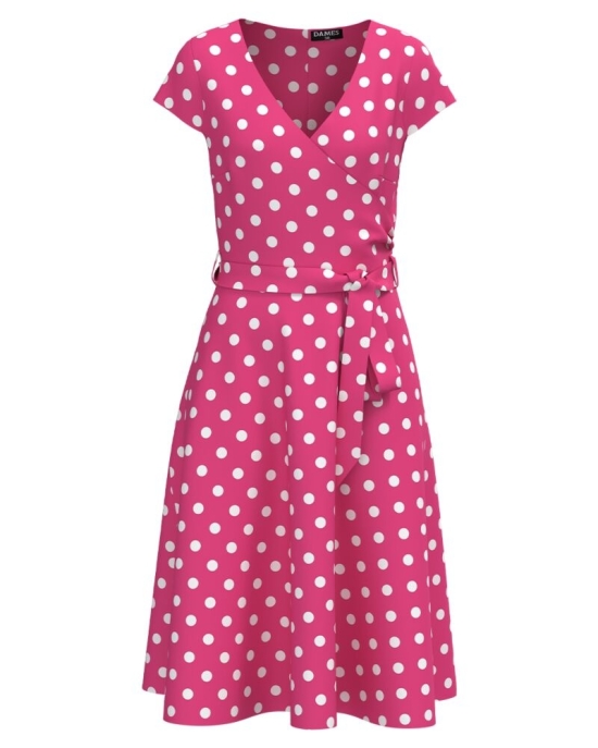Rochie roz de vara cu maneca scurta imprimata cu model Buline