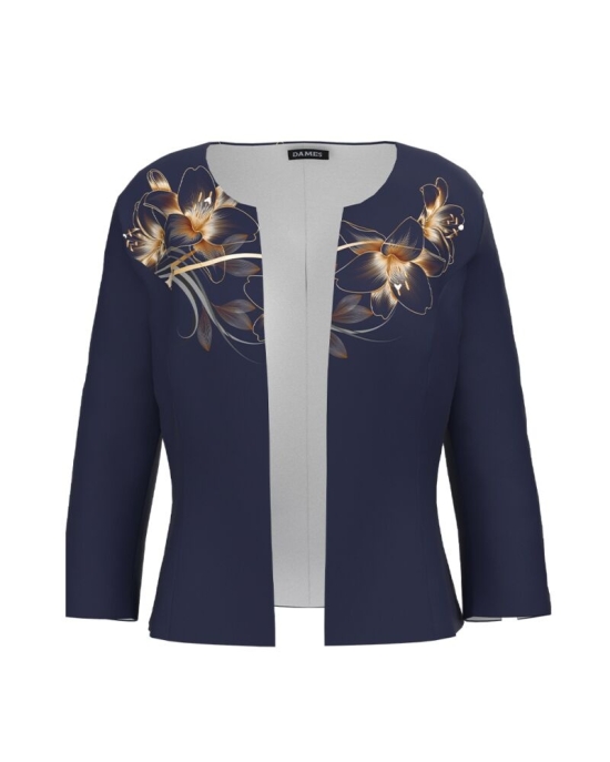 Sacou bleumarin cambrat imprimat cu model Crini CMD3246
