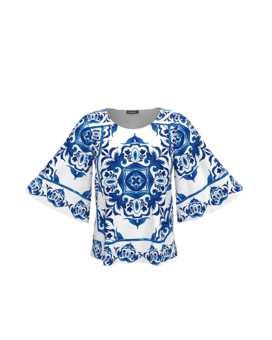 Bluza alba cu maneci tip fluture imprimata cu model albastru CMD4080