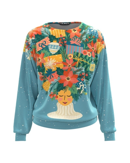 Bluza bleu tip hanorac din catifea cu imprimeu floral CMD1625
