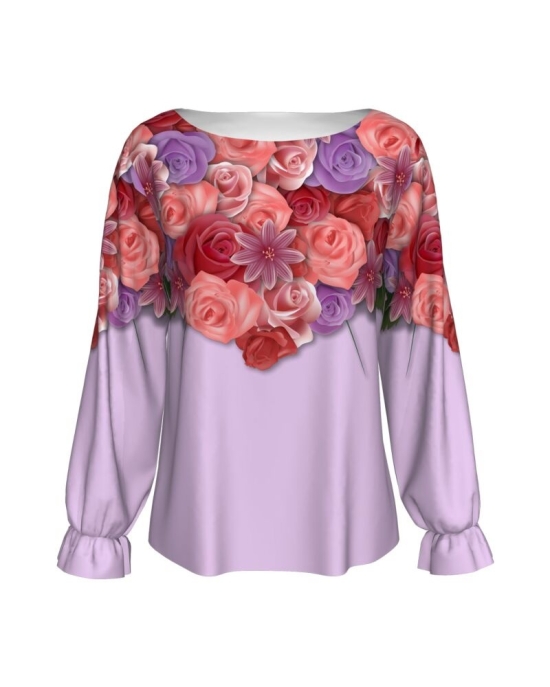Bluza imprimata digital cu elastic la maneci Flowers