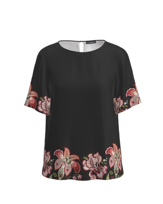 Bluza neagra cu maneca scurta imprimata cu model floral CMD2860