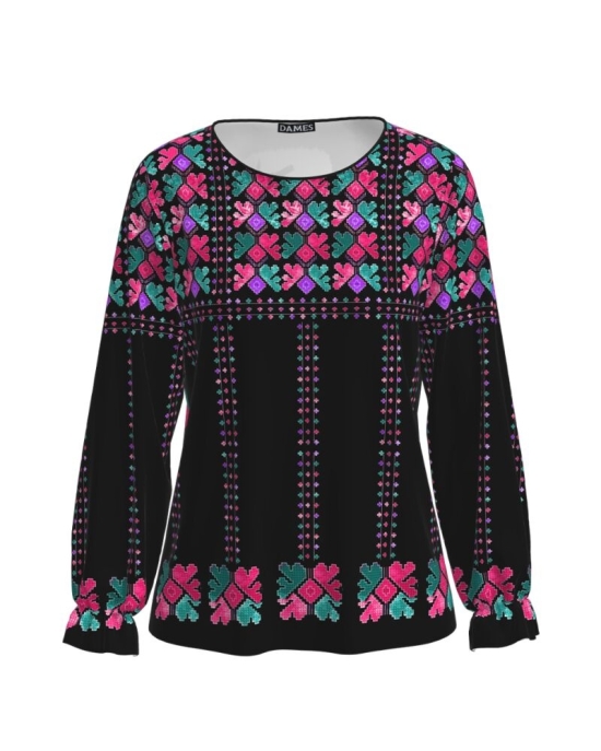 Bluza neagra imprimata cu model traditional in contrast CMD3693