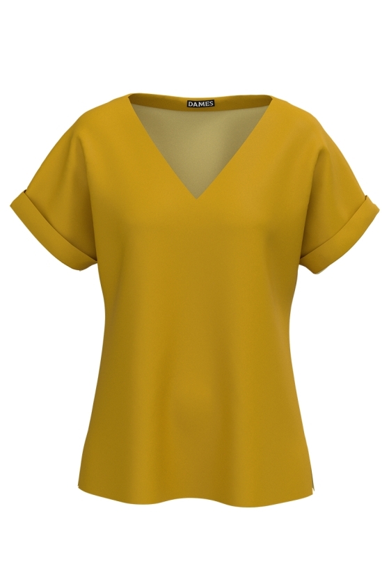 Bluza ocru de vara cu maneca raglan si decolteu in V