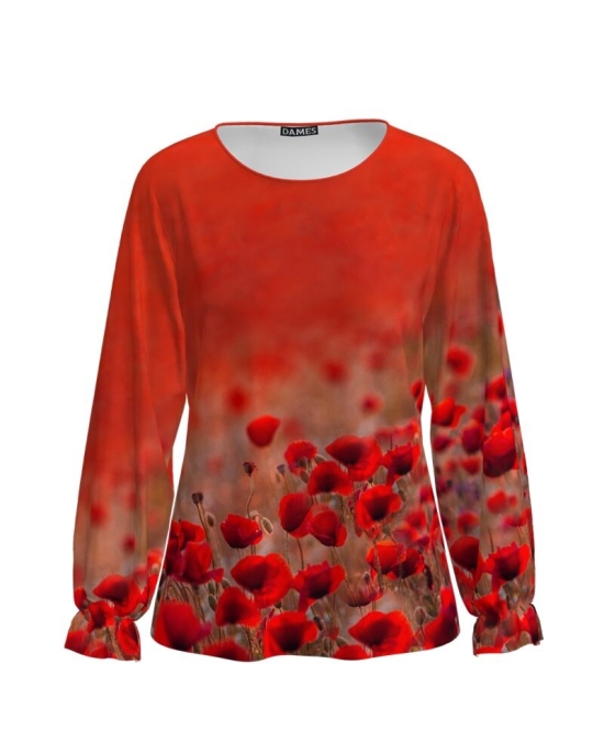 Bluza rosie cu maneca lunga si imprimeu maci CMD1261