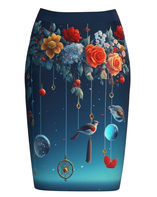 Fusta conica imprimata in nuante de albastru cu model floral CMD4721