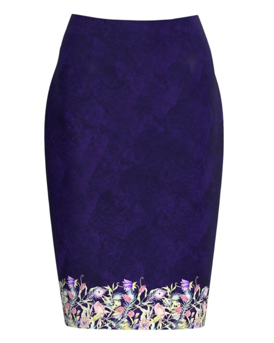 Fusta conica mov imprimata cu model floral multicolor CMD2541