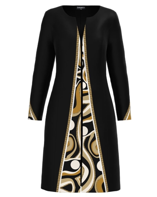 Jacheta de dama neagra lunga imprimata cu model abstract CMD3072