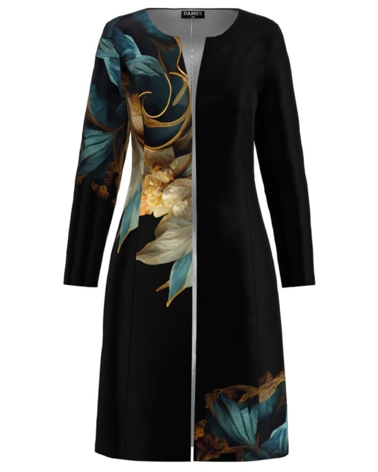 Jacheta de dama neagra lunga imprimata cu model floral CMD3520