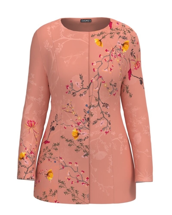 Jacheta de dama roz de lungime medie imprimata cu model floral CMD2316