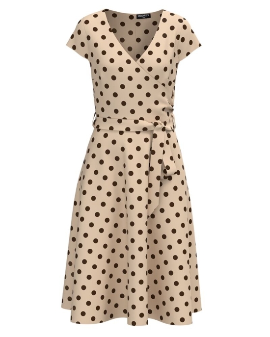 Rochie bej de vara cu maneca scurta imprimata cu model Buline maro CMD2839