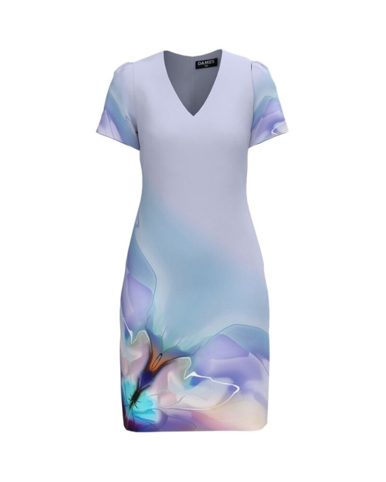 Rochie bleu casual cu decolteu in V imprimata pastel SS24